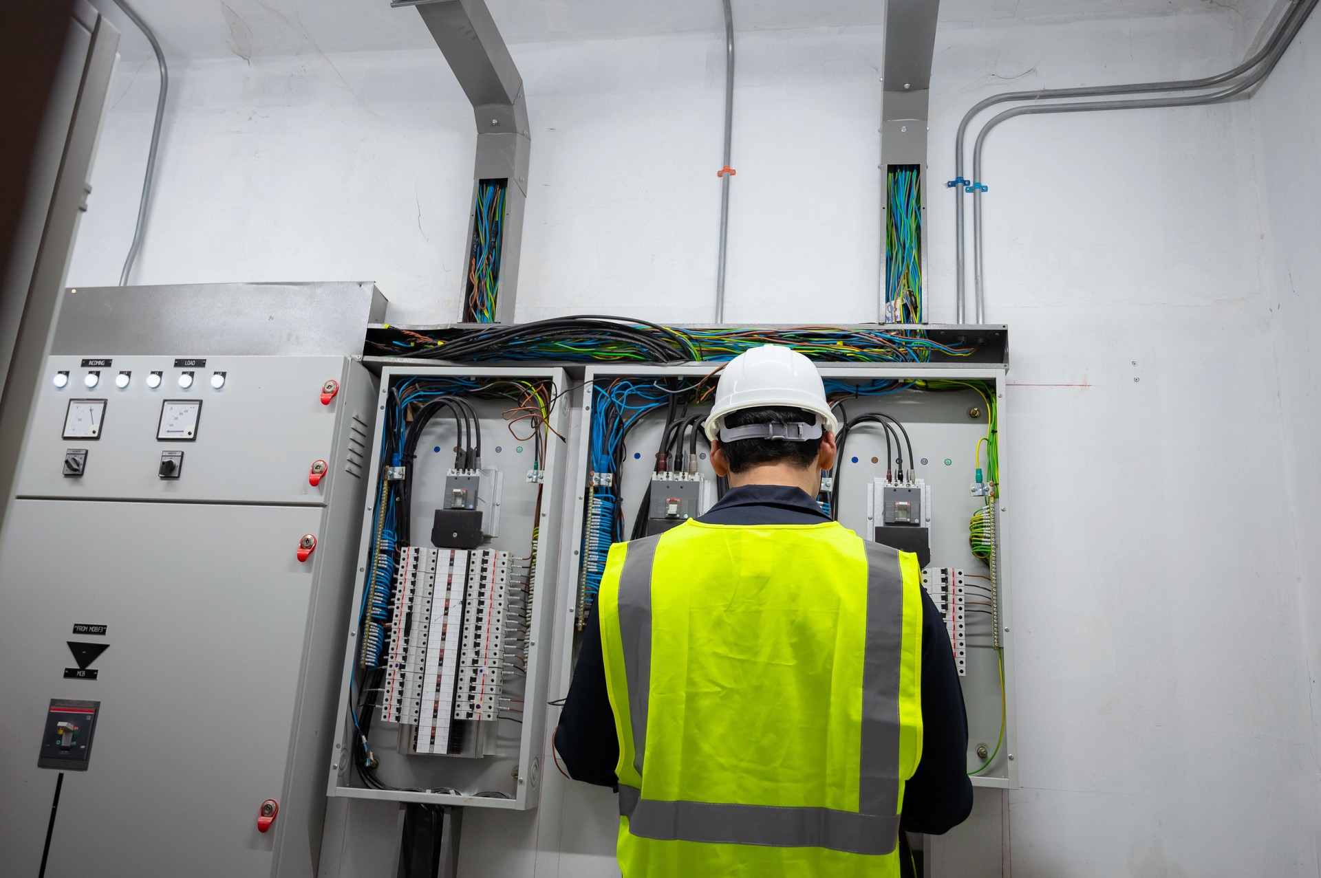 Equipe de Engenheiro Eletricista trabalhando no painel de controle frontal, um engenheiro elétrico está instalando e usando um tablet para monitorar a operação de um painel de controle elétrico em uma sala de serviço de fábrica.